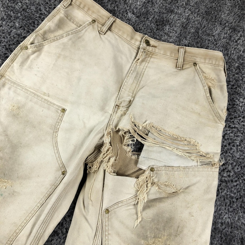 Carhartt Pants Mens 34x32 Beige Canvas Double Knee Thrashed Workwear B136 BRJ